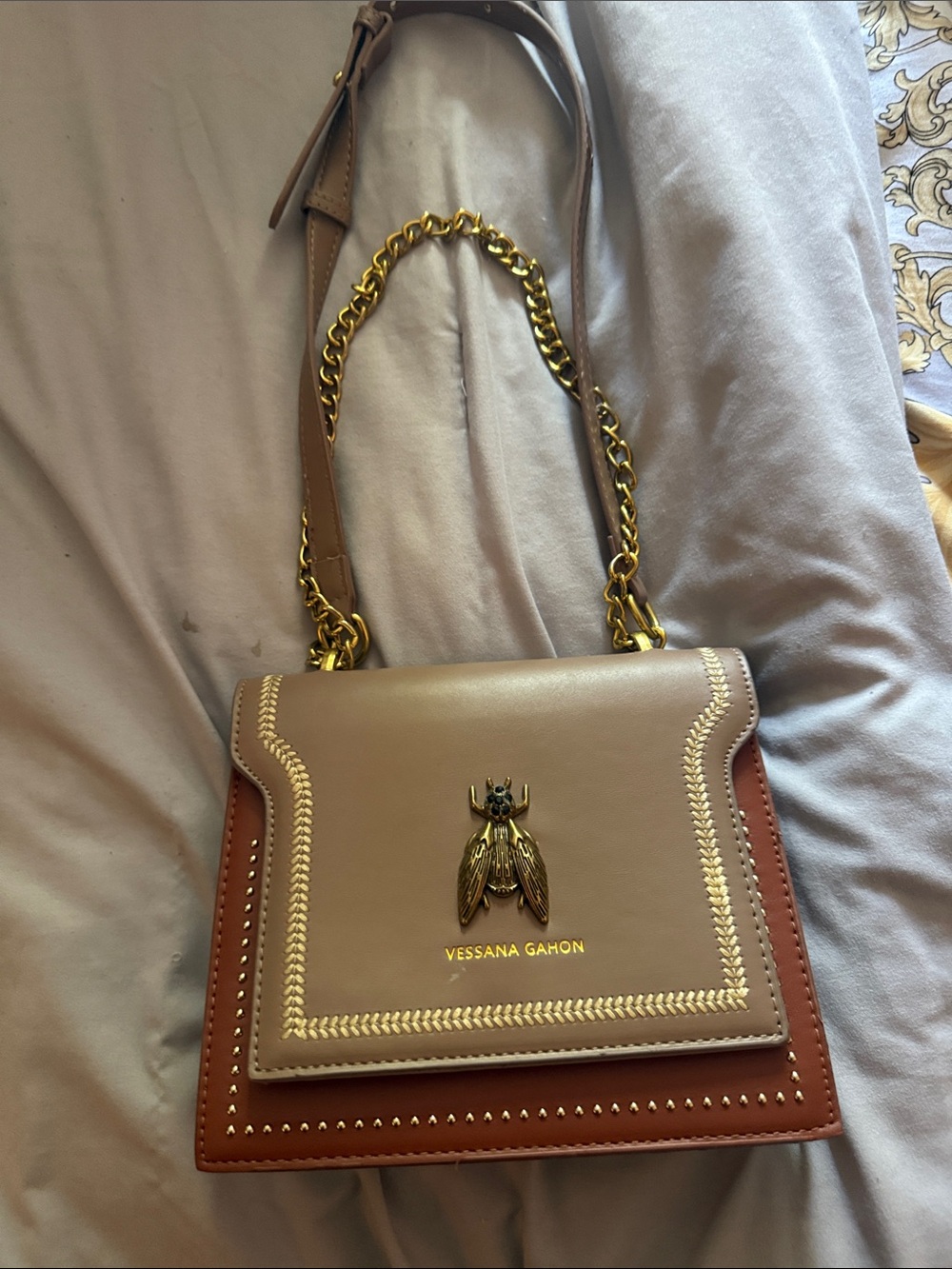 Two-Tone Taupe & Cognac Leather Shoulder Bag